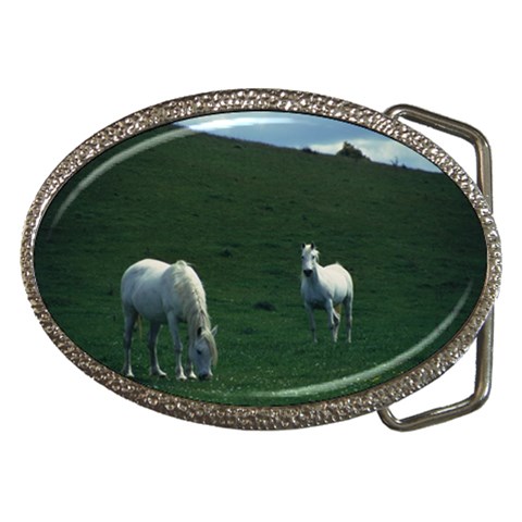 Two White Horses 0002 Belt Buckle from ArtsNow.com Front