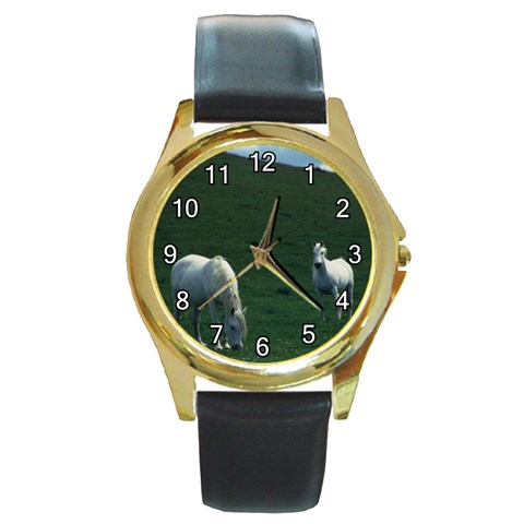 Two White Horses 0002 Round Gold Metal Watch from ArtsNow.com Front