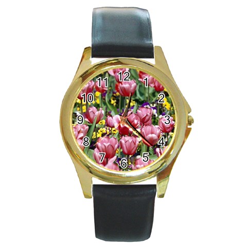 flowers Round Gold Metal Watch from ArtsNow.com Front