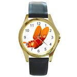 Orange Flame Butterfly Round Gold Metal Watch