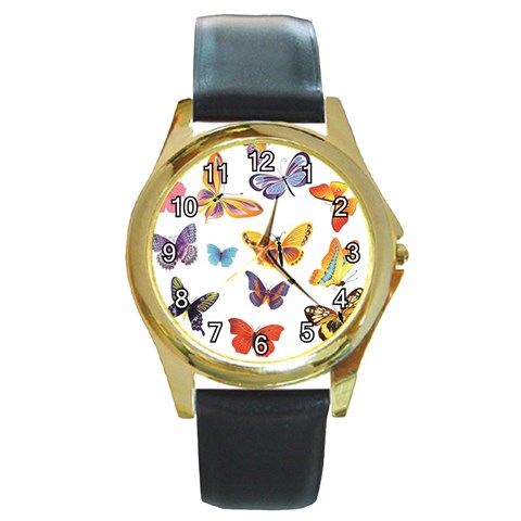 Bright Butterflies 2 Round Gold Metal Watch from ArtsNow.com Front