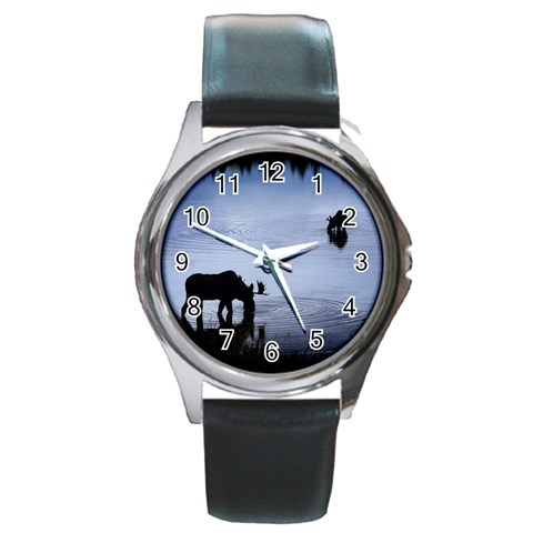 Moose in Peaceful Waters Round Metal Watch from ArtsNow.com Front