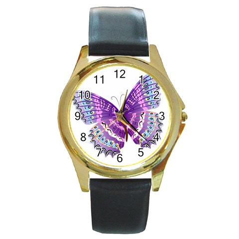 Purple Butterfly Round Gold Metal Watch from ArtsNow.com Front