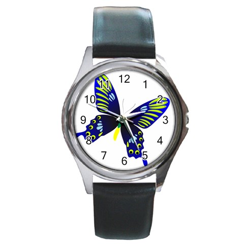 Blue Yellow Butterfly Round Metal Watch from ArtsNow.com Front