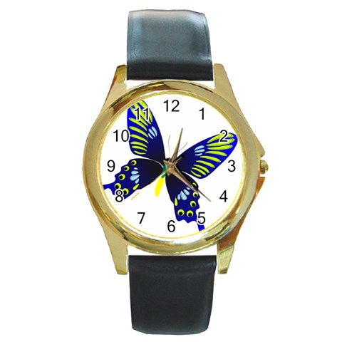 Blue Yellow Butterfly Round Gold Metal Watch from ArtsNow.com Front