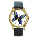 Blue Yellow Butterfly Round Gold Metal Watch