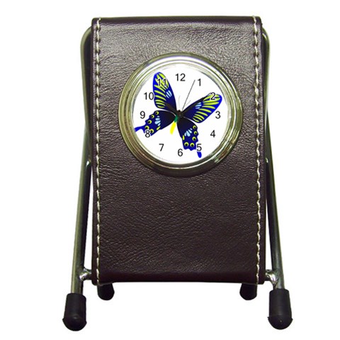 Blue Yellow Butterfly Pen Holder Desk Clock from ArtsNow.com Front