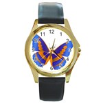 Blue & Orange Butterfly Round Gold Metal Watch