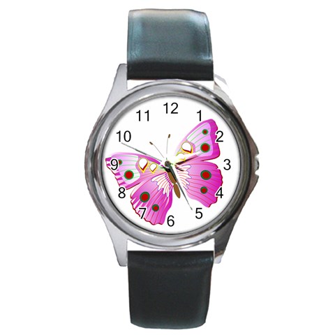 Pink & Purple Butterfly Round Metal Watch from ArtsNow.com Front