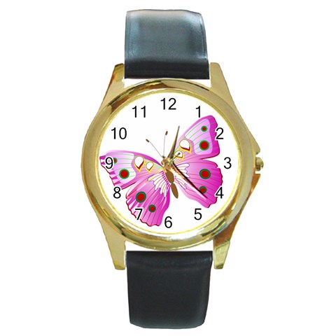Pink & Purple Butterfly Round Gold Metal Watch from ArtsNow.com Front