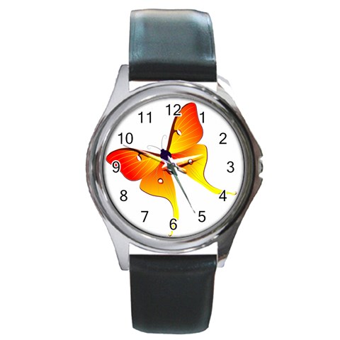 Orange & Yellow Flame Butterfly Round Metal Watch from ArtsNow.com Front