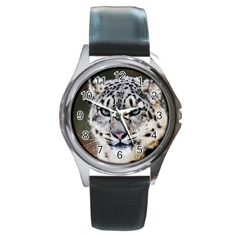 Snow Leopard Round Metal Watch from ArtsNow.com Front