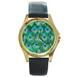 Peacock Feather 1 Round Gold Metal Watch