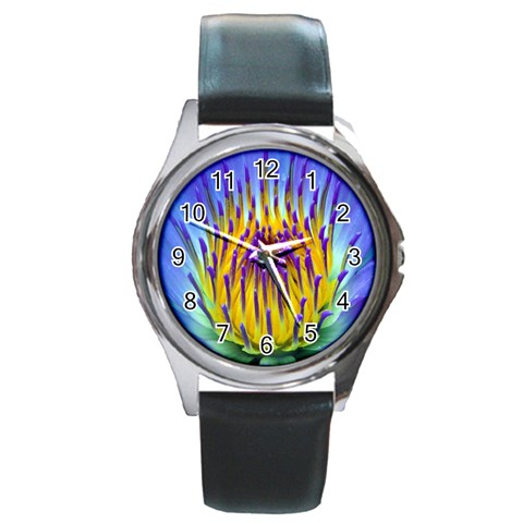 Water Lily Round Metal Watch from ArtsNow.com Front