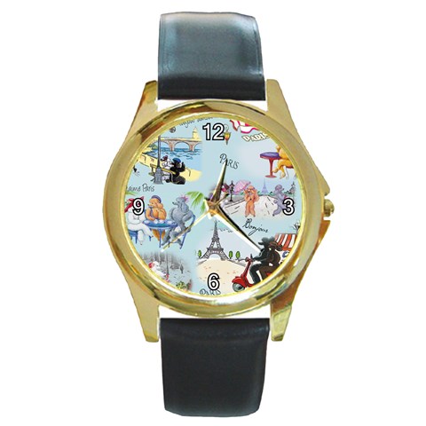 Poodles in Paris Round Gold Metal Watch from ArtsNow.com Front