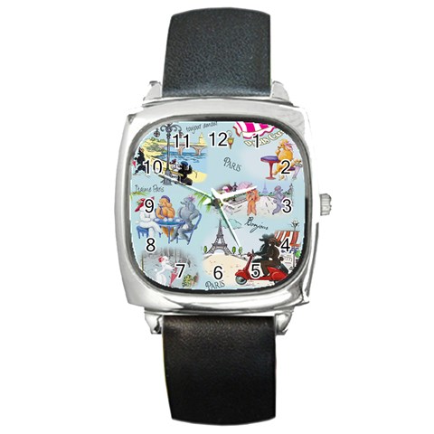 Poodles in Paris Square Metal Watch from ArtsNow.com Front