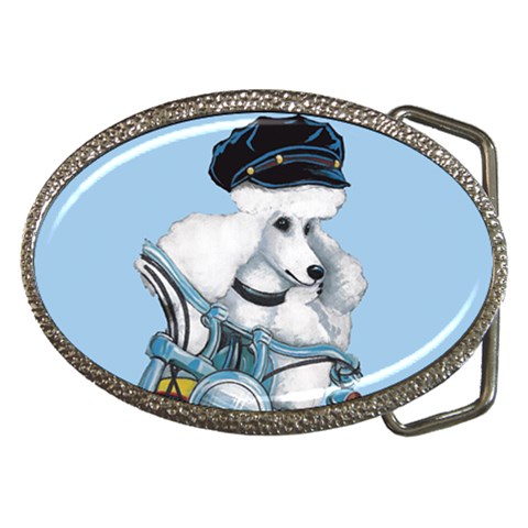 White Poodle Biker Chick Belt Buckle from ArtsNow.com Front