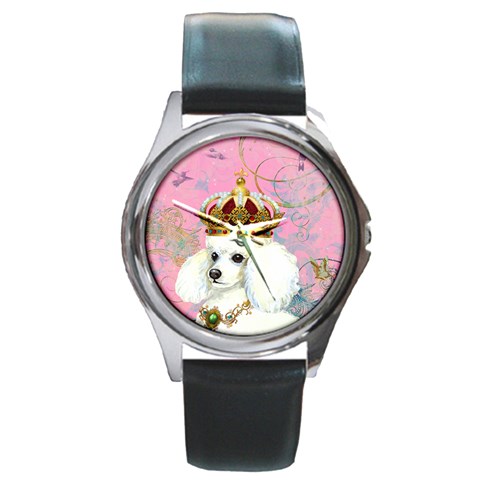 White Poodle Princess Round Metal Watch from ArtsNow.com Front