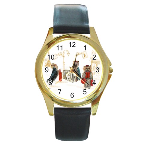 Travelling Yorkies in Paris Round Gold Metal Watch from ArtsNow.com Front