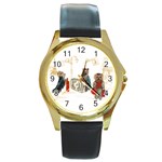 Travelling Yorkies in Paris Round Gold Metal Watch