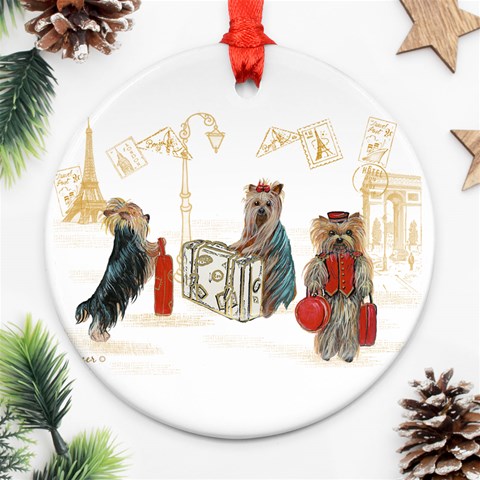 Travelling Yorkies in Paris Round Ornament (Two Sides) from ArtsNow.com Front