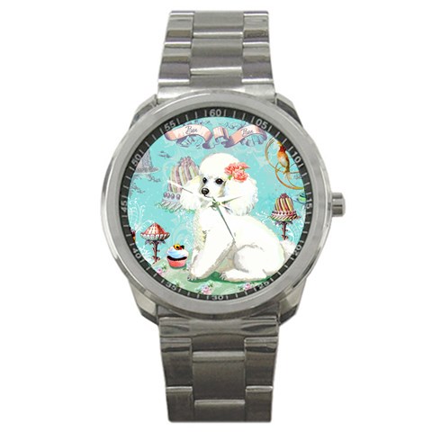 Whte Poodle Cakes Cupcake  Sport Metal Watch from ArtsNow.com Front