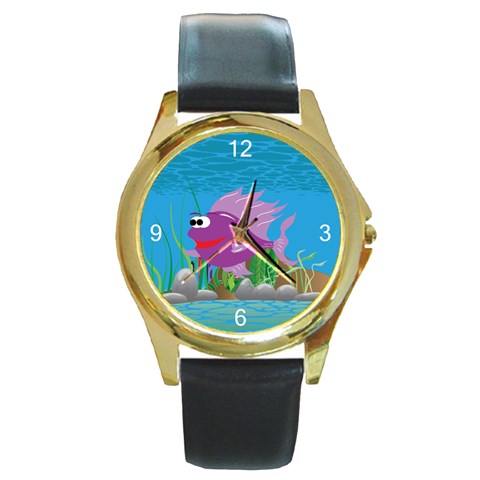 Purple Coolee Fish Round Gold Metal Watch from ArtsNow.com Front