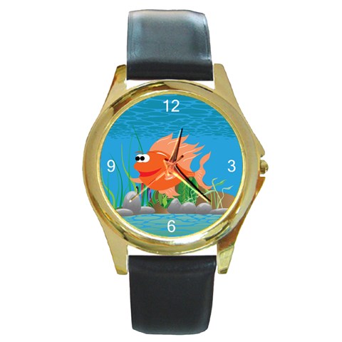 Orange Coolee Fish Round Gold Metal Watch from ArtsNow.com Front