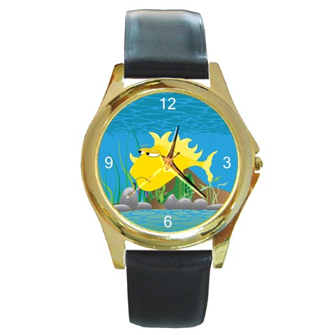 Yellow Grumpy Fish Round Gold Metal Watch from ArtsNow.com Front