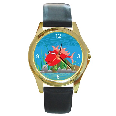 Red Grumpy Fish Round Gold Metal Watch from ArtsNow.com Front