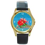 Red Grumpy Fish Round Gold Metal Watch