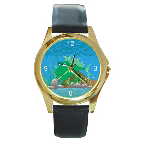 Green Grumpy Fish Round Gold Metal Watch from ArtsNow.com Front