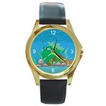 Green Grumpy Fish Round Gold Metal Watch