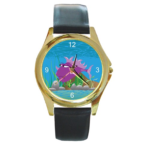 Purple Grumpy Fish Round Gold Metal Watch from ArtsNow.com Front