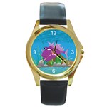 Purple Grumpy Fish Round Gold Metal Watch