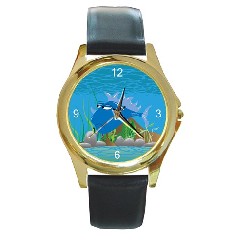 Blue Grumpy Fish Round Gold Metal Watch from ArtsNow.com Front