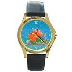 Orange Grumpy Fish Round Gold Metal Watch