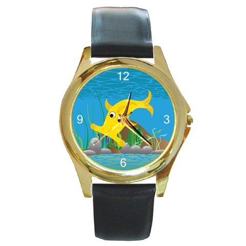 Yellow Hammie Fish Round Gold Metal Watch from ArtsNow.com Front