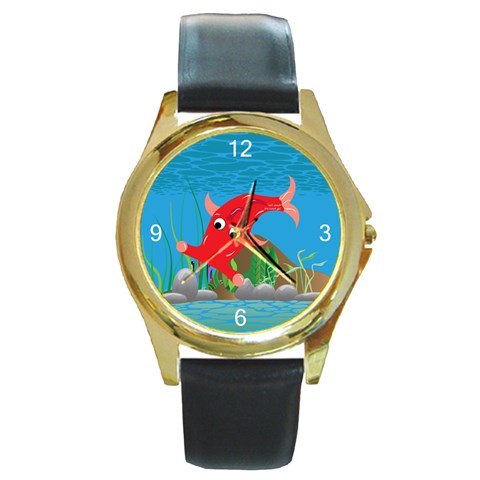 Red Hammie Fish Round Gold Metal Watch from ArtsNow.com Front