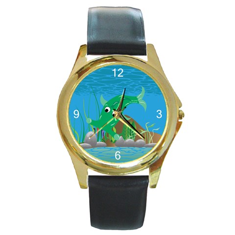 Green Hammie Fish Round Gold Metal Watch from ArtsNow.com Front