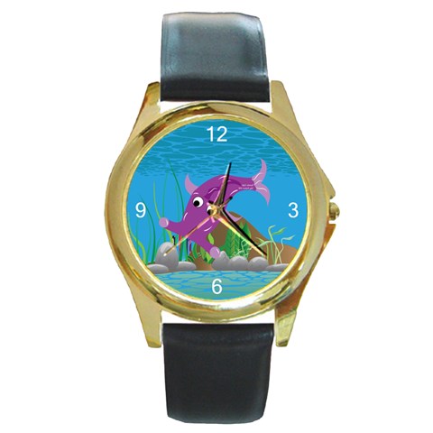 Purple Hammie Fish Round Gold Metal Watch from ArtsNow.com Front