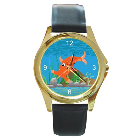 Orange Hammie Fish Round Gold Metal Watch from ArtsNow.com Front