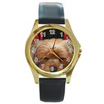 Sleeping Yorkie Painting Scan 300dpi Retouched Copy Round Gold Metal Watch