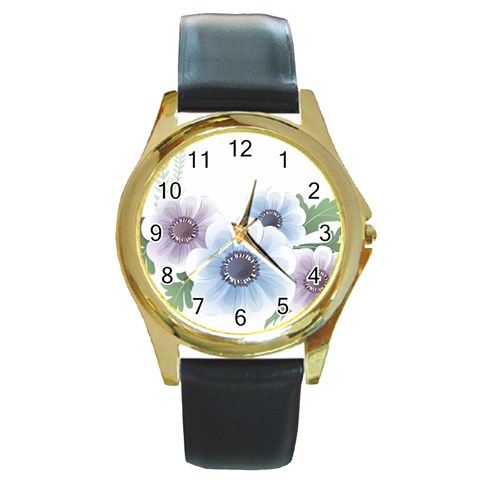 Flower028 Round Gold Metal Watch from ArtsNow.com Front