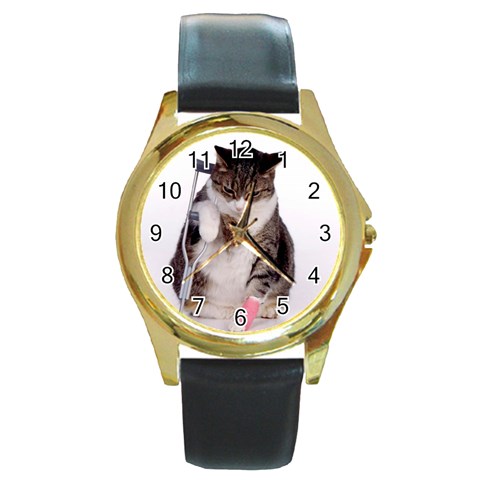 1200581839 1024x768 Cat With Crutches Round Gold Metal Watch from ArtsNow.com Front