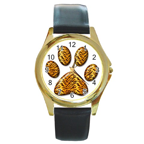 Tiger Paw Round Gold Metal Watch from ArtsNow.com Front