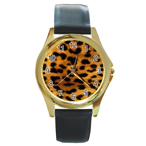 Jaguar Print	 Round Gold Metal Watch from ArtsNow.com Front