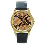 Snake Print Big	 Round Gold Metal Watch