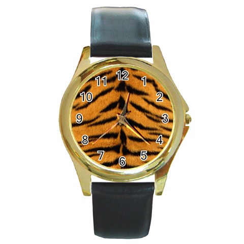 Tiger Print	 Round Gold Metal Watch from ArtsNow.com Front