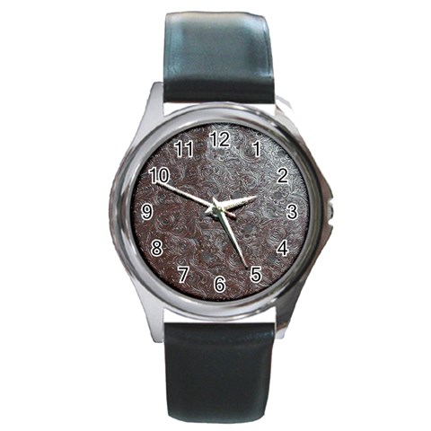 Leather Look & Skins Black And Brown Floral Round Metal Watch from ArtsNow.com Front
